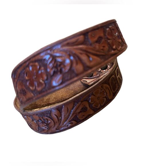 Vintage Hand Tooled Brown Leather Western Style Belt with CRW initials - Picture 2 of 7